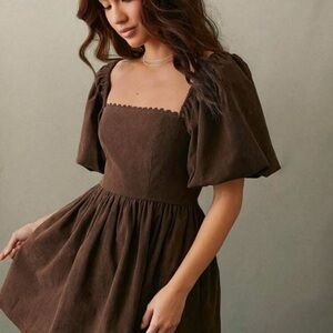 SHEIN Brown Smocked Puff Sleeve Mini Dress